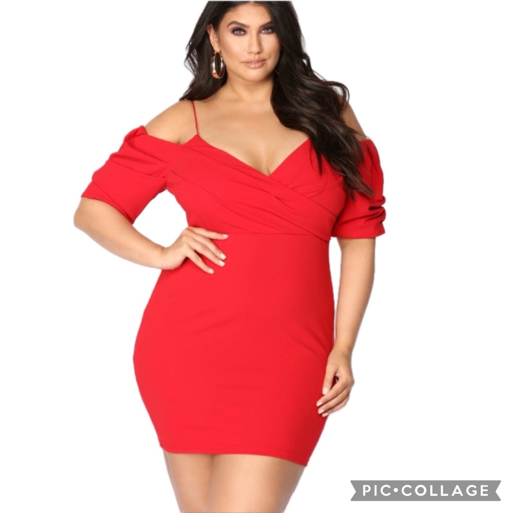 Yoins Plus Size Red Surplice V-Neckline Cold Shoulder Mini Dress Super Hot